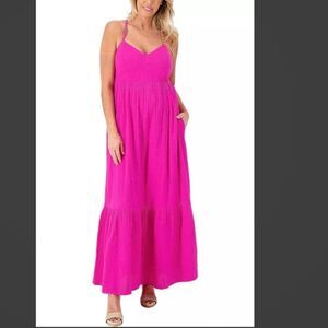 Destination 365 Seersucker Maxi Dress Hot Fuchsia sz S NEW # D609